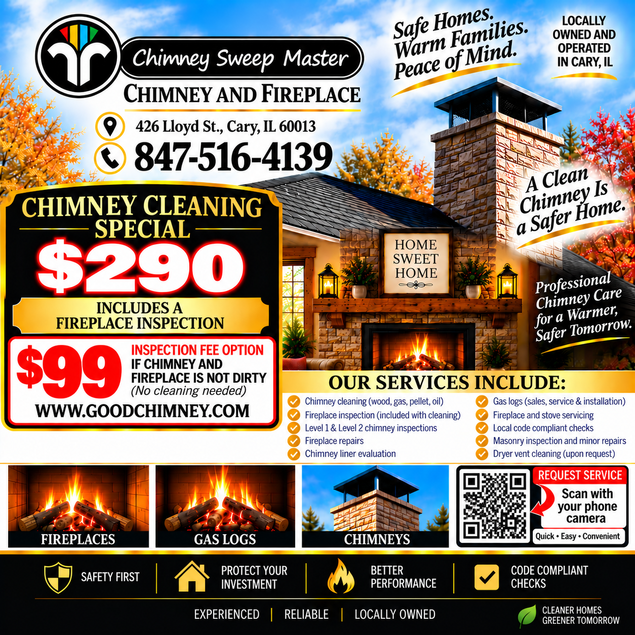 Chimney cleaning special — $290 chimney cleaning flyer from Chimney Sweep Master in Cary, Illinois