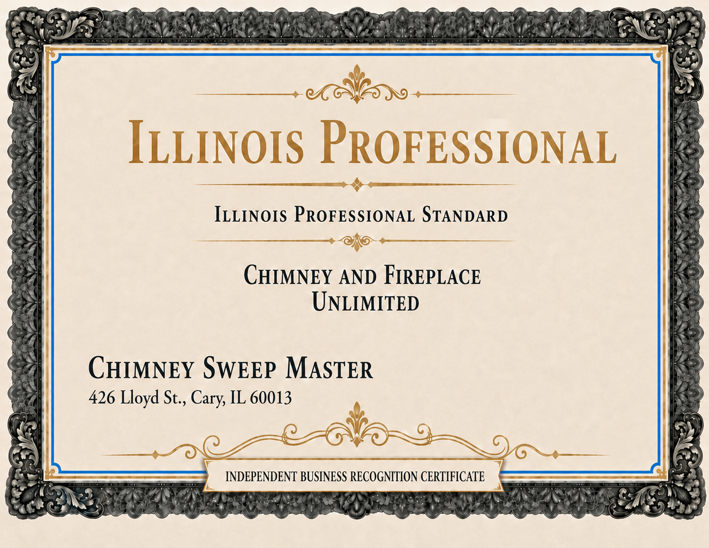 Illinois Professional Standard certificate for Chimney Sweep Master, Cary, Illinois