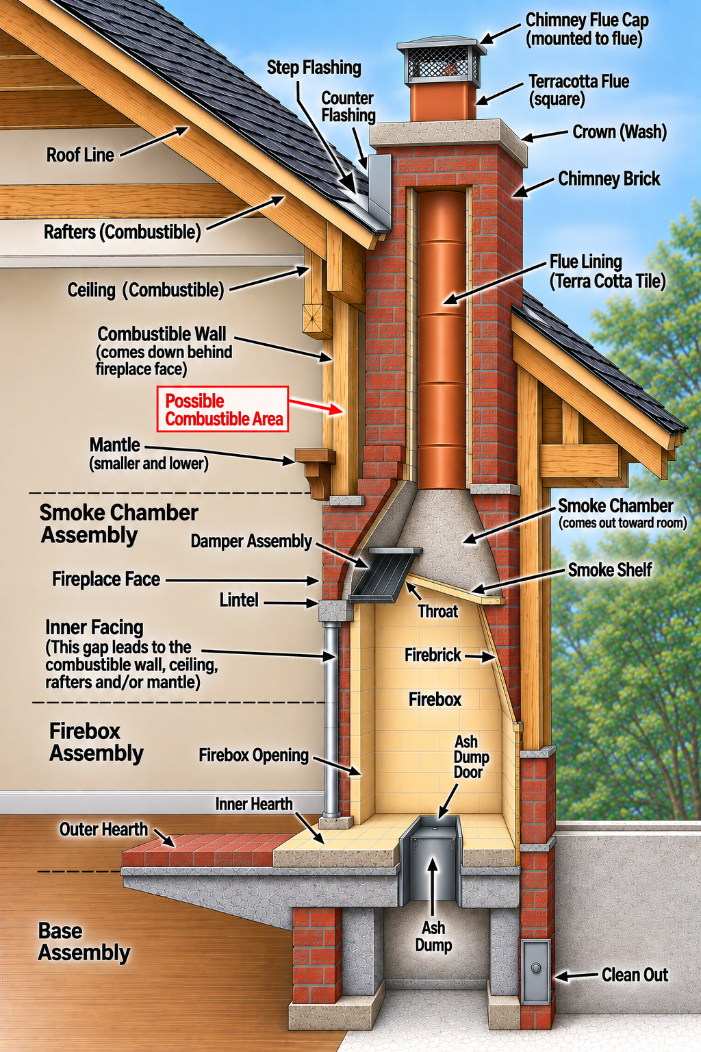 Labelled cutaway diagram of a masonry fireplace and chimney showing the flue cap, crown, flue lining, smoke chamber, smoke shelf, damper, throat, lintel, firebox, firebrick, hearth, ash dump and clean out