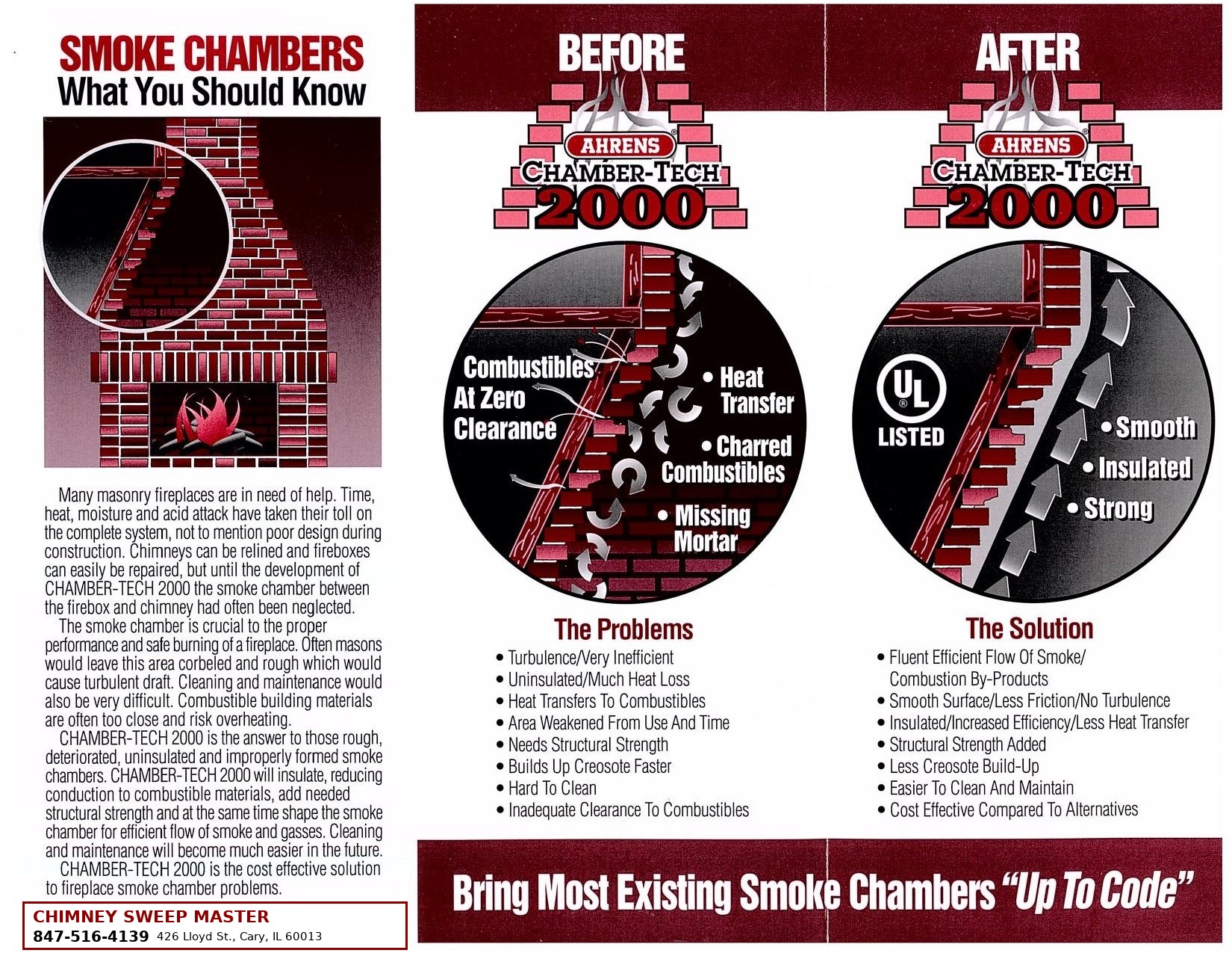 Ahrens Chamber-Tech 2000 smoke chamber brochure with Chimney Sweep Master phone number