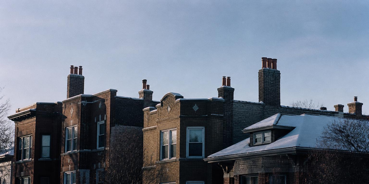 Chicago rooftops and chimneys at dusk